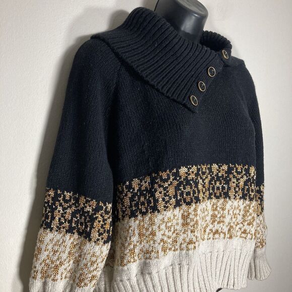 St John Sweater Womens Large Black Gold Crop Wool Blend Buttons Shawl Collar Lux - Picture 4 of 13